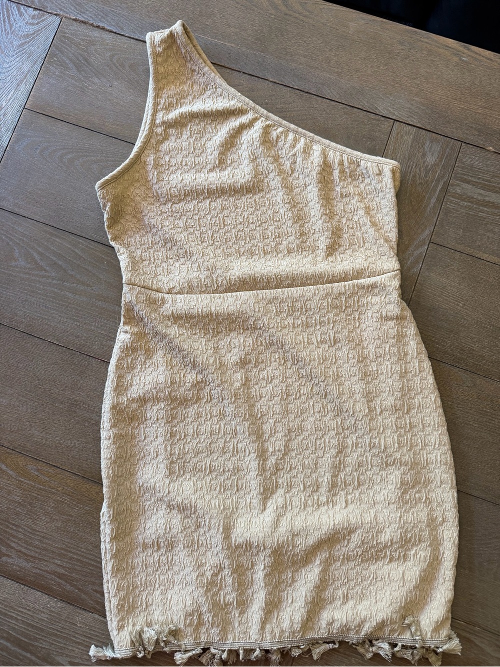 SHEIN One-Shoulder Cream Textured Mini Dress with Fringed Hem